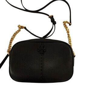 Tory Burch McGraw Camera Bag Black Pebbled Leather with Gold and Leather Chain